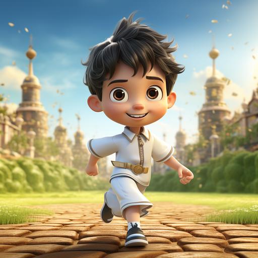 A Japanese soccer boy with short black hair, wearing an antique Chinese samurai costume, shorts, and long white socks. Play soccer with kung fu moves. On a green and bright football field. Cute, 3D --s 250