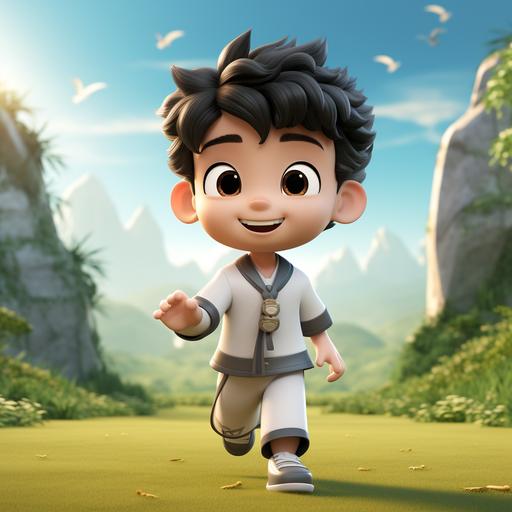 A Japanese soccer boy with short black hair, wearing an antique Chinese samurai costume, shorts, and long white socks. Play soccer with kung fu moves. On a green and bright football field. Cute, 3D --s 250