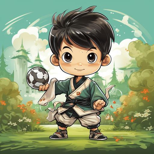 A Japanese soccer boy with short black hair, wearing an antique Chinese samurai costume, shorts, and long white socks. Play soccer with kung fu moves. On a green and bright football field. Cute, cartoon disney style --s 250