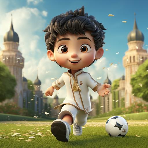 A Japanese soccer boy with short black hair, wearing an antique Chinese samurai costume, shorts, and long white socks. Play soccer with kung fu moves. On a green and bright football field. Cute, 3D --s 250