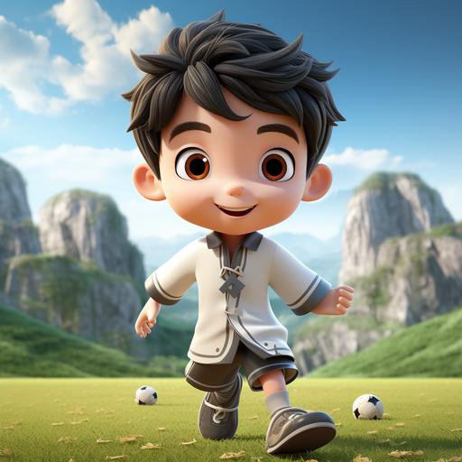 A Japanese soccer boy with short black hair, wearing an antique Chinese samurai costume, shorts, and long white socks. Play soccer with kung fu moves. On a green and bright football field. Cute, 3D --s 250