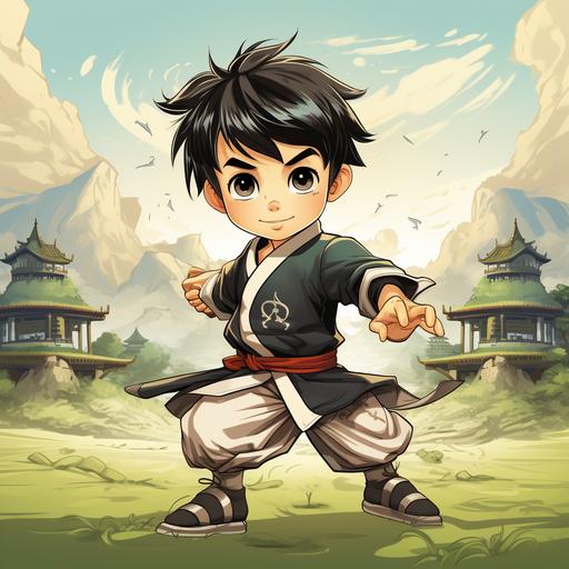 A Japanese soccer boy with short black hair, wearing an antique Chinese samurai costume, shorts, and long white socks. Play soccer with kung fu moves. On a green and bright football field. Cute, cartoon disney style --s 250