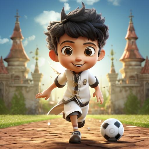 A Japanese soccer boy with short black hair, wearing an antique Chinese samurai costume, shorts, and long white socks. Play soccer with kung fu moves. On a green and bright football field. Cute, 3D --s 250