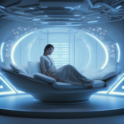 A Japanese woman is lying on an oval futuristic bed. Pale light and elementary particles are emitted from her bed.