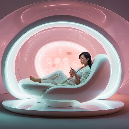 A Japanese woman is sleeping in a futuristic egg-shaped bed. A pale light was emitting from her bed. ​