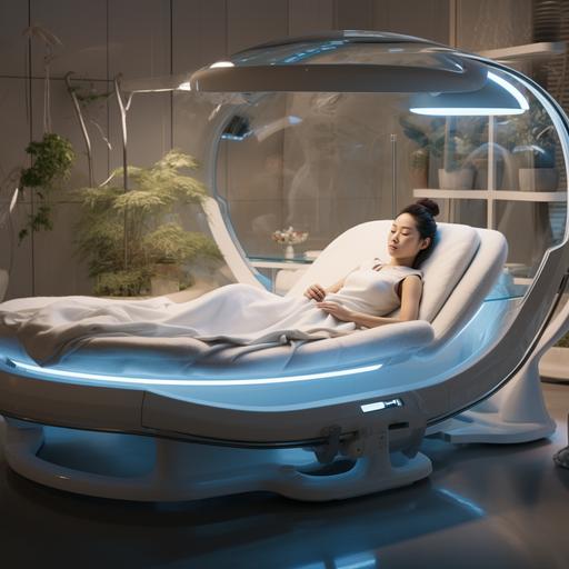 A Japanese woman lies completely asleep on an oval, futuristic bed. Pale light and elementary particles are emitted from her bed, repairing her.