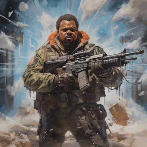 A John Blanche portrait of Ice Cube in an apocolyptic setting with two shotguns, a bulletproof vest sporting a trenchcoat