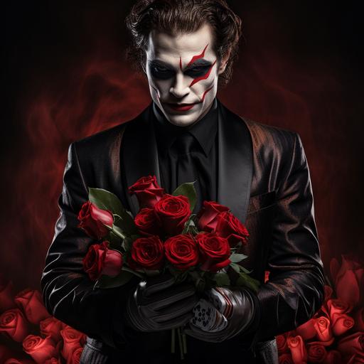 A Joker wearing black suit and red flower boquet in hand in casino background, HD