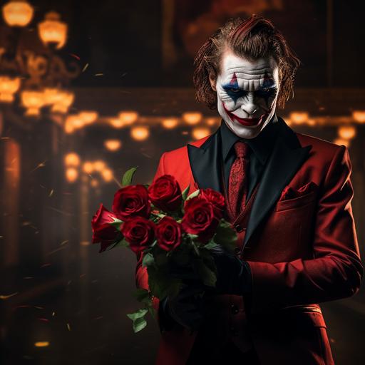 A Joker wearing black suit and red flower boquet in hand in casino background, HD
