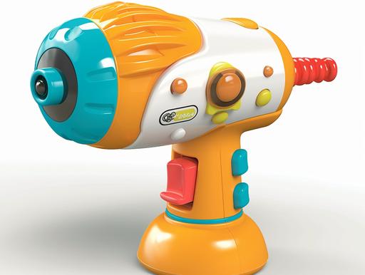 A Kids Musical Spinning Drill Toy with Easy to Press Button, Flashing Lights ,Toddler Power Tools with Music. It has a sweet smile, teasing eyes, cute shape, product posing, realistic, professional photography. --ar 4:3 --q 5