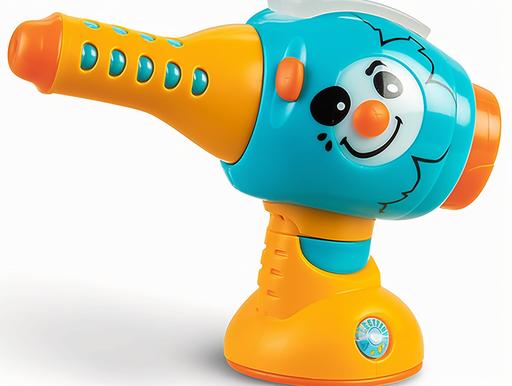 A Kids Musical Spinning Drill Toy with Easy to Press Button, Flashing Lights ,Toddler Power Tools with Music. It has a sweet smile, teasing eyes, cute shape, product posing, realistic, professional photography. --ar 4:3 --q 5