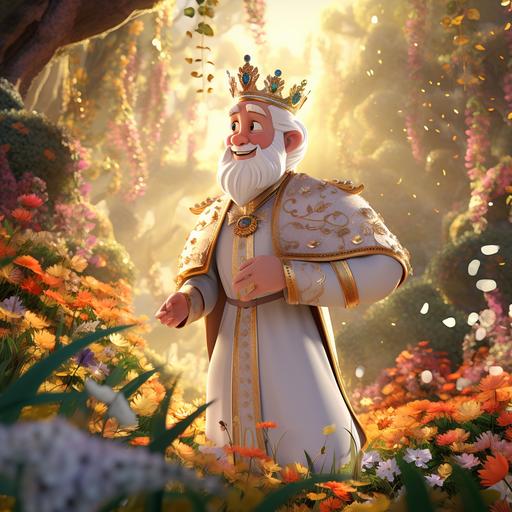 A King happily walk in the forest, colorfull flowers on both side. Wearing white crown, whiteclothes,face look like actor Anthony Hopkins, white medieval heritage clothes, Children book style, Disney Style, 3D animation, extreme illustration, a storybook illustration, Dream factory , 8K,--aspect 7:4
