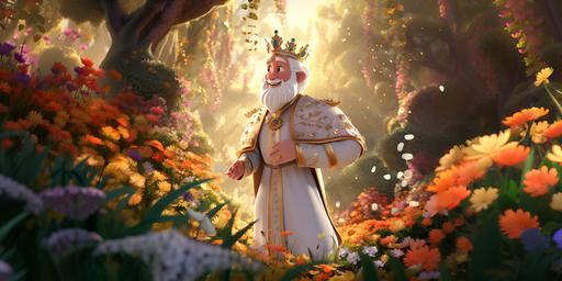 A King happily walk in the forest, colorfull flowers on both side. Wearing white crown, whiteclothes,face look like actor Anthony Hopkins, white medieval heritage clothes, Children book style, Disney Style, 3D animation, extreme illustration, a storybook illustration, Dream factory , 8K,--aspect 7:4