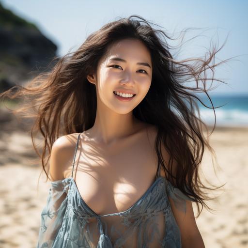 A Korean woman in her early 20s with long hair in a sunny beach blue dress is smiling happily, realistic photography style --s 250