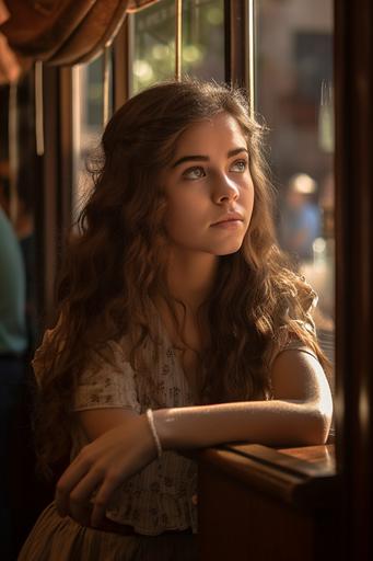 A Latina teen girl looking out the window of a vintage coffee house, visible through the reflection in the window 🪞. The girl has big brown eyes and long auburn hair, wearing a casual sun dress. The scene is in the style of Dani Diamond, with soft and warm tones that convey a sense of nostalgia and romanticism. Camera Settings: Camera: Nikon Z 9 Lens: NIKKOR Z 24mm f/1.8 S Aperture: f/1.4 ISO: 400 Shutter Speed: 1/125 White Balance: Daylight Lighting: Natural light coming from the window Focus: Focused on the girl's face through the reflection in the window Composition: Centered on the girl's face, with the vintage coffee house in the background. The reflection in the window adds an interesting layer to the composition. --ar 2:3 --q 2 --v 5
