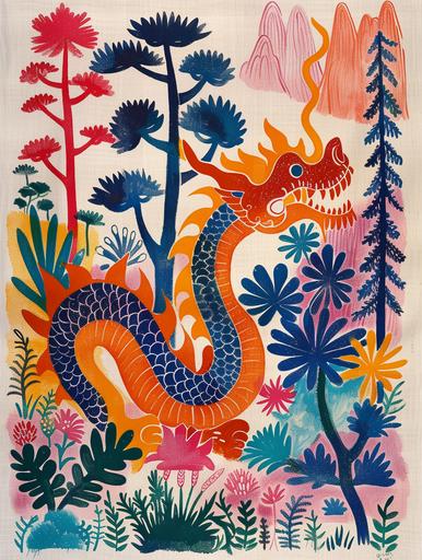 A Loong Dragon in a Matisse-style vibrant and colorful landscape, with bold, flat shapes and exaggerated forms. The dragon curls playfully among vividly colored trees and flowers, resembling cut-out paper shapes in Matisse's late style --ar 3:4 --v 6.0 --s 250 --style raw