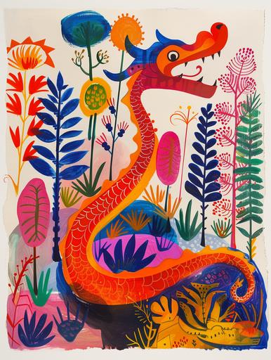 A Loong Dragon in a Matisse-style vibrant and colorful landscape, with bold, flat shapes and exaggerated forms. The dragon curls playfully among vividly colored trees and flowers, resembling cut-out paper shapes in Matisse's late style --ar 3:4 --v 6.0 --s 250 --style raw