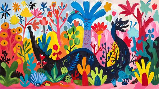 A Loong Dragon in a Matisse-style vibrant and colorful landscape, with bold, flat shapes and exaggerated forms. The dragon curls playfully among vividly colored trees and flowers, resembling cut-out paper shapes in Matisse's late style --ar 16:9 --v 6.0 --s 250 --style raw