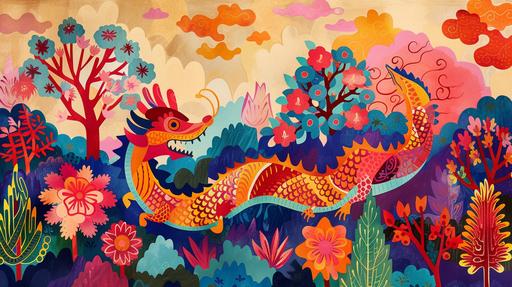 A Loong Dragon in a Matisse-style vibrant and colorful landscape, with bold, flat shapes and exaggerated forms. The dragon curls playfully among vividly colored trees and flowers, resembling cut-out paper shapes in Matisse's late style --ar 16:9 --v 6.0 --s 250 --style raw