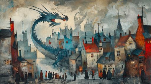 A Loong Dragon in an L. S. Lowry setting, characterized by abstract cityscapes and primitivism. The dragon weaves through a landscape of stylized buildings and figures, painted in a simple yet expressive manner with a muted color palette --ar 16:9 --v 6.0 --s 250 --style raw