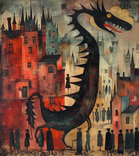 A Loong Dragon in an L. S. Lowry setting, characterized by abstract cityscapes and primitivism. The dragon weaves through a landscape of stylized buildings and figures, painted in a simple yet expressive manner with a muted color palette --ar 100:113 --v 6.0 --s 250 --style raw