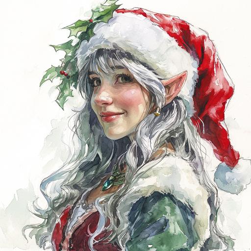 A Lord of the Rings Female Elf wearing a mix of French Maid Outfit and Santa Clothes, happy. Long Silver Hair, Watercolour art, Fantasy Art --v 6.0