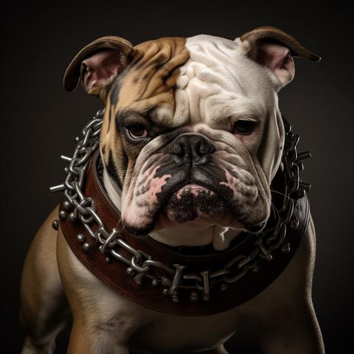 A MEAN LOOKING ENGLISH BULLDOG WITH A SPIKED LEATHER COLLAR