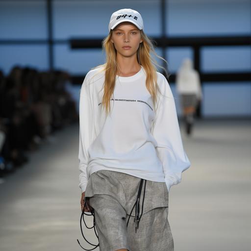 A MODEL with long blond hair and a light blue baseball cap, THE MODEL WEARS A white long-sleeved T-shirt, the model is also wearing a black skirt with many black laces, on her feet a pair of black braided sandals, FULL BODY MODEL, HD RESULT, JACQUEMUS fashion show