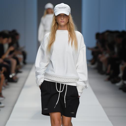 A MODEL with long blond hair and a light blue baseball cap, THE MODEL WEARS A white long-sleeved T-shirt, the model is also wearing a black skirt with many black laces, on her feet a pair of black braided sandals, FULL BODY MODEL, HD RESULT, JACQUEMUS fashion show
