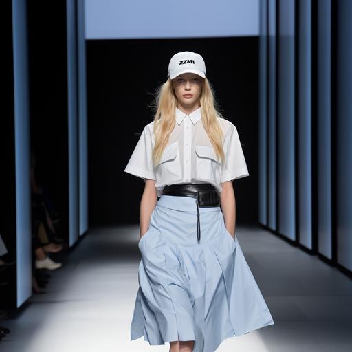 A MODEL with long blond hair and a light blue color baseball cap, THE MODEL WEARS an asymmetrical white color short-sleeved shirt and underneath a long black leather low-waisted skirt, FULL BODY MODEL, HD RESULT, Prada fashion show