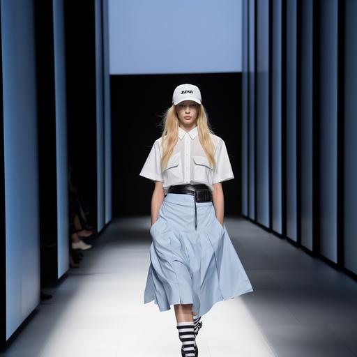 A MODEL with long blond hair and a light blue color baseball cap, THE MODEL WEARS an asymmetrical white color short-sleeved shirt and underneath a long black leather low-waisted skirt, FULL BODY MODEL, HD RESULT, Prada fashion show