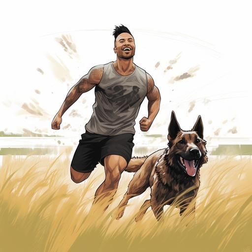 A Malinois dog with black mask joyfully frolics across the dry grassy field with a joyful young Asian man with a fully tattooed right arm, wearing black shorts, a black t-shirt - sketch art