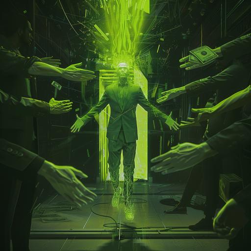 A Man sanding alone in the middle of a space. The man is standing with his arms out, he has the body of a super model, his eyes are glowing lime neon green, he is wearing an expensive suit. The space is dark, there are arms reaching out to the man, the hands of these arms are holding money.
