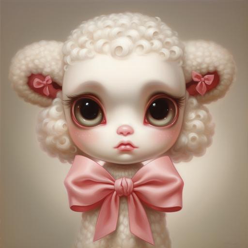 A Mark Ryden oil painting of a baby lamb with big eyes and chubby cheeks wearing a ribbon around its neck