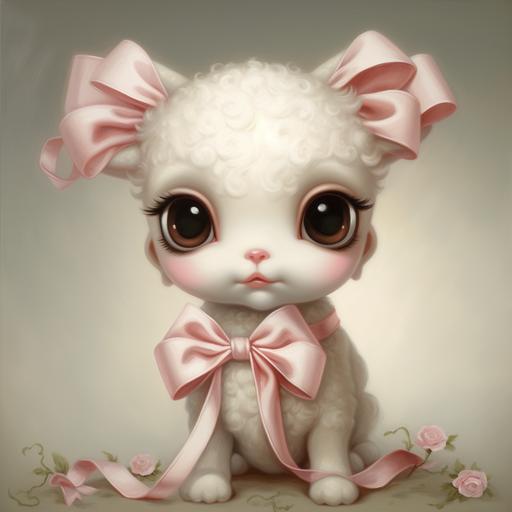 A Mark Ryden oil painting of a baby lamb with big eyes and chubby cheeks wearing a ribbon around its neck
