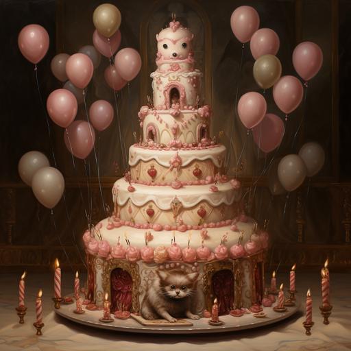 A Mark Ryden oil painting of a big birthday cake
