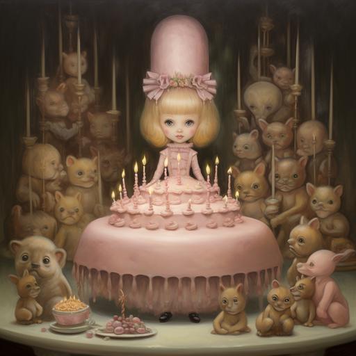 A Mark Ryden oil painting of a big birthday cake