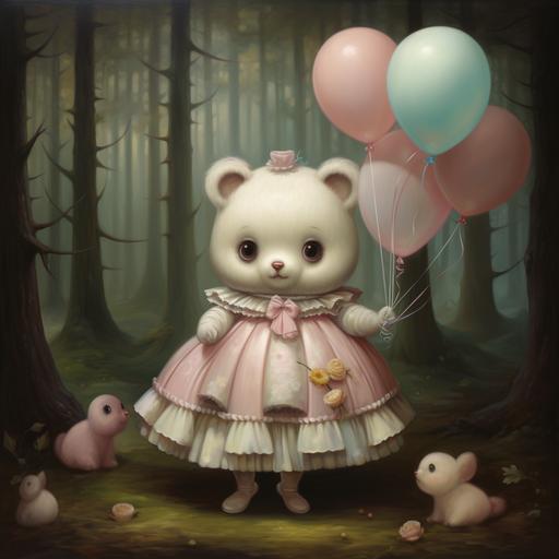 A Mark Ryden oil painting of a chubby baby bear with a chubby face and big eyes all dressed up in a pastel party dress to go to a forest party