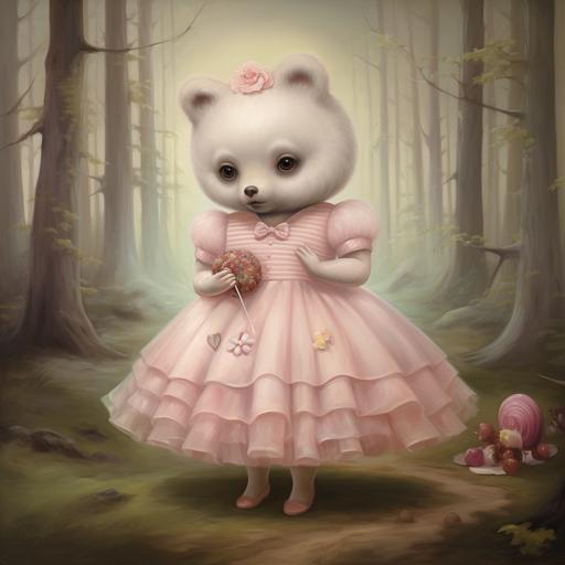 A Mark Ryden oil painting of a chubby baby bear with a chubby face and big eyes all dressed up in a pastel party dress to go to a forest party