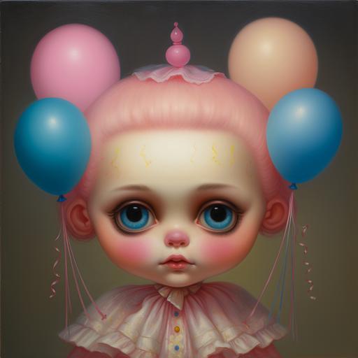 A Mark Ryden oil painting of a chubby baby clown spider with big eyes and chubby cheeks in pink, blue, and yellow