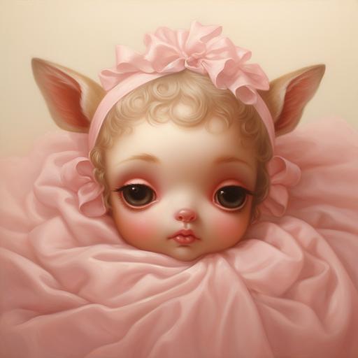 A Mark Ryden oil painting of a chubby baby deer with big eyes and chubby cheeks sleeping - plain pink background