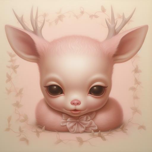 A Mark Ryden oil painting of a chubby baby deer with big eyes and chubby cheeks sleeping - plain pink background