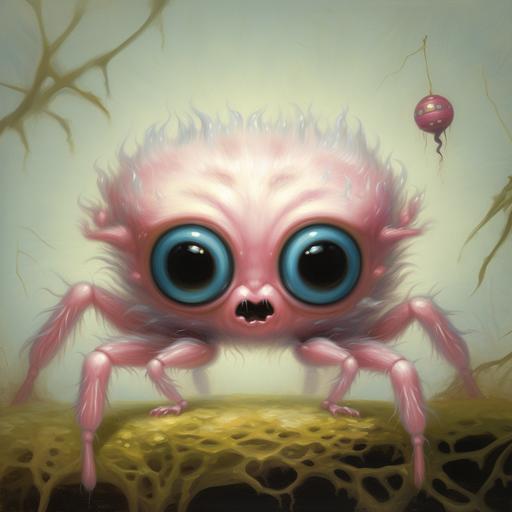 A Mark Ryden oil painting of a chubby baby jumping spider with big eyes and chubby cheeks in pink, blue, and yellow