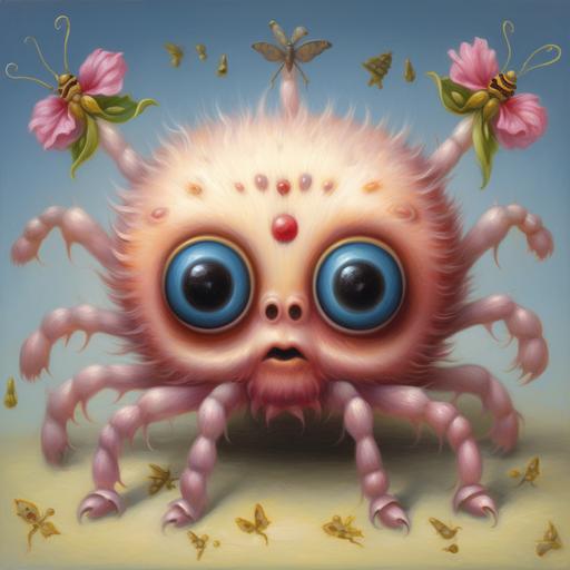 A Mark Ryden oil painting of a chubby baby jumping spider with big eyes and chubby cheeks in pink, blue, and yellow