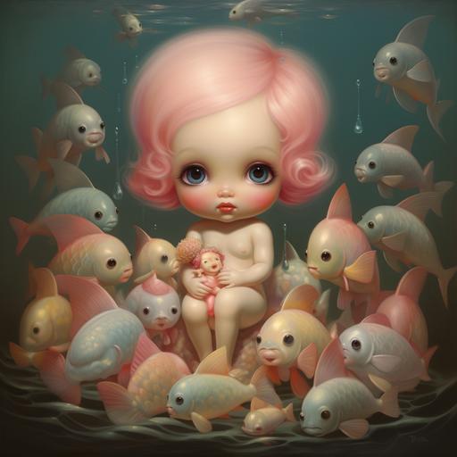 A Mark Ryden oil painting of a chubby baby pastel mermaids with big eyes, chubby cheeks, and a long tail in pinks, blues, yellows. She should be under water and have a fish friend by her side