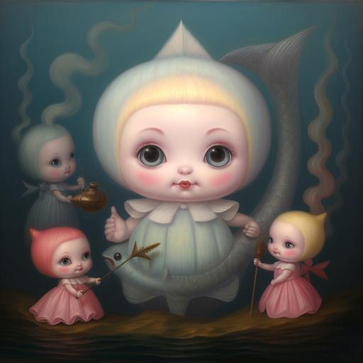 A Mark Ryden oil painting of a chubby baby pastel mermaids with big eyes, chubby cheeks, and a long tail in pinks, blues, yellows. She should be under water and have a fish friend by her side