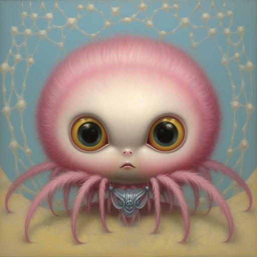 A Mark Ryden oil painting of a chubby baby spider with big eyes and chubby cheeks in pink, blue, and yellow. The spider's body should have a diamond pattern.