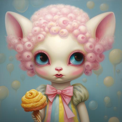 A Mark Ryden oil painting of a chubby ice cream clown lamb with big eyes and chubby cheeks in pink, blue, and yellow