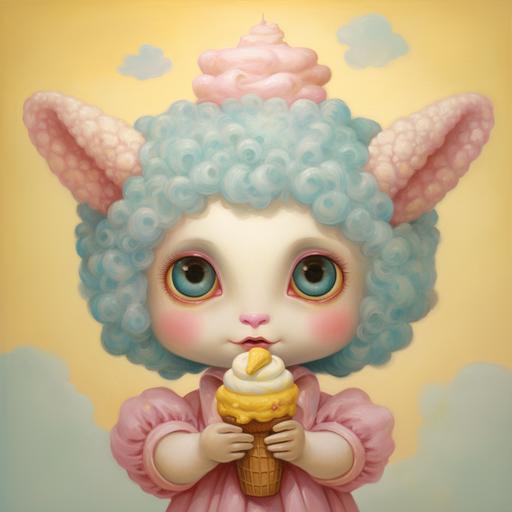 A Mark Ryden oil painting of a chubby ice cream clown lamb with big eyes and chubby cheeks in pink, blue, and yellow