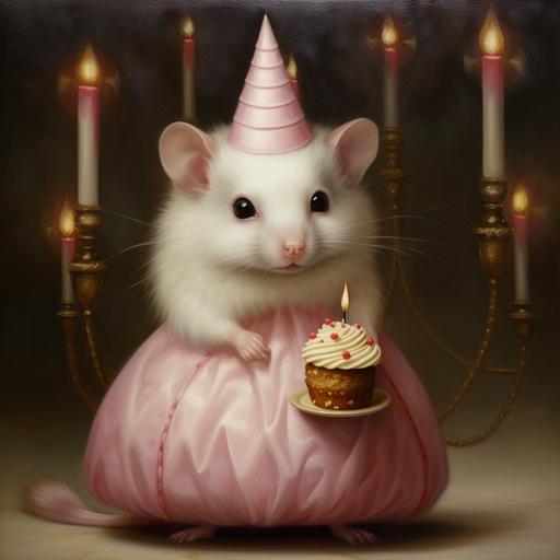 A Mark Ryden oil painting of a chubby white rat wearing a birthday party hat and a pink party dress